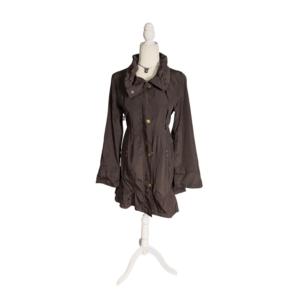 Betsey Johnson Brown‎ Ruffle Raincoat Trench Jacket Cinched Waist Women's M